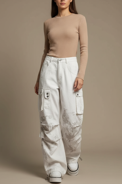 Pantalon Parachute Blanc Cargo Ample Imprimé Femme - Toile