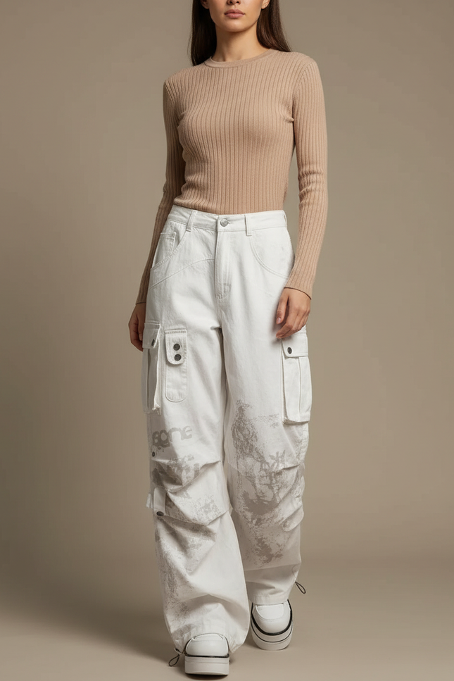 Pantalon Parachute Blanc Cargo Ample Imprimé Femme - Toile