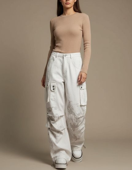 Pantalon Parachute Blanc Cargo Ample Imprimé Femme - Toile