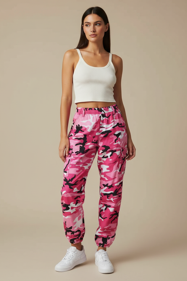 Pantalon Parachute Rose Camouflage Cargo Streetwear Femme - Polyester