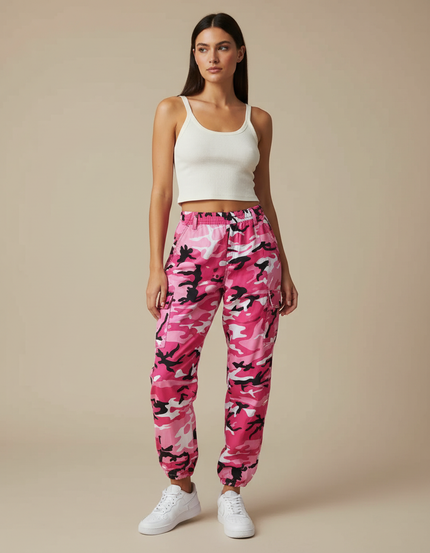 Pantalon Parachute Rose Camouflage Cargo Streetwear Femme - Polyester