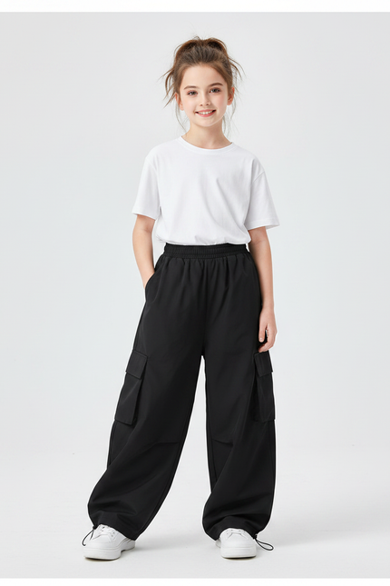 Pantalon Parachute Noir Cargo Ample Fille Streetwear - Polyester