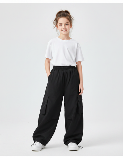 Pantalon Parachute Noir Cargo Ample Fille Streetwear - Polyester
