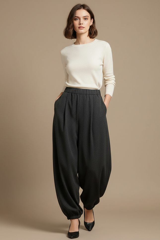 Pantalon Parachute Gris Ample Plissé Confortable Femme - Molleton