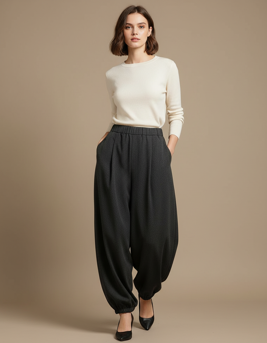 Pantalon Parachute Gris Ample Plissé Confortable Femme - Molleton