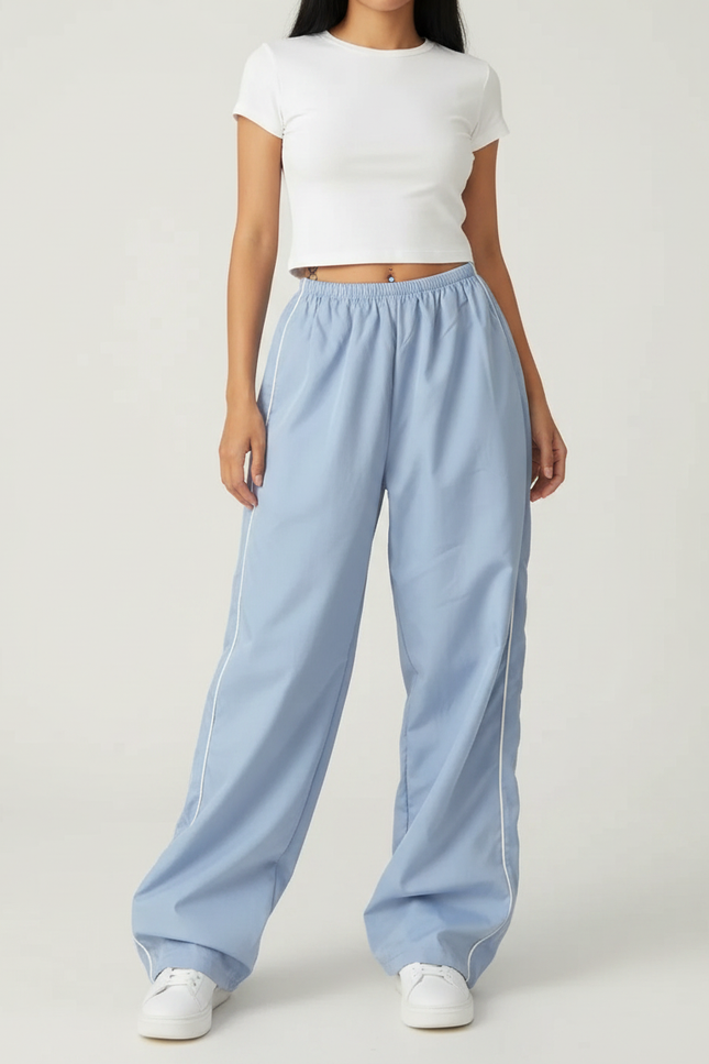 Pantalon Parachute Bleu Clair Ample Décontracté Sportif - Polyester