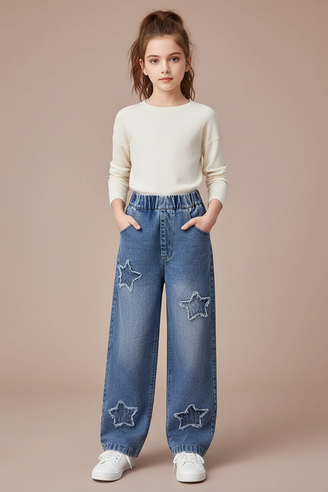 Pantalon Parachute Denim Étoiles Ample Fille Bleu Casual - Jean