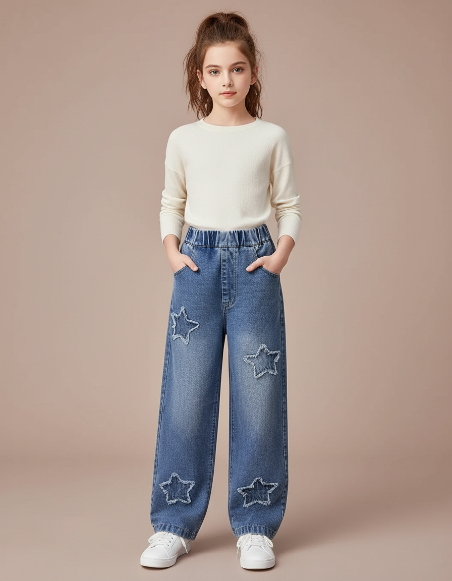 Pantalon Parachute Denim Étoiles Ample Fille Bleu Casual - Jean