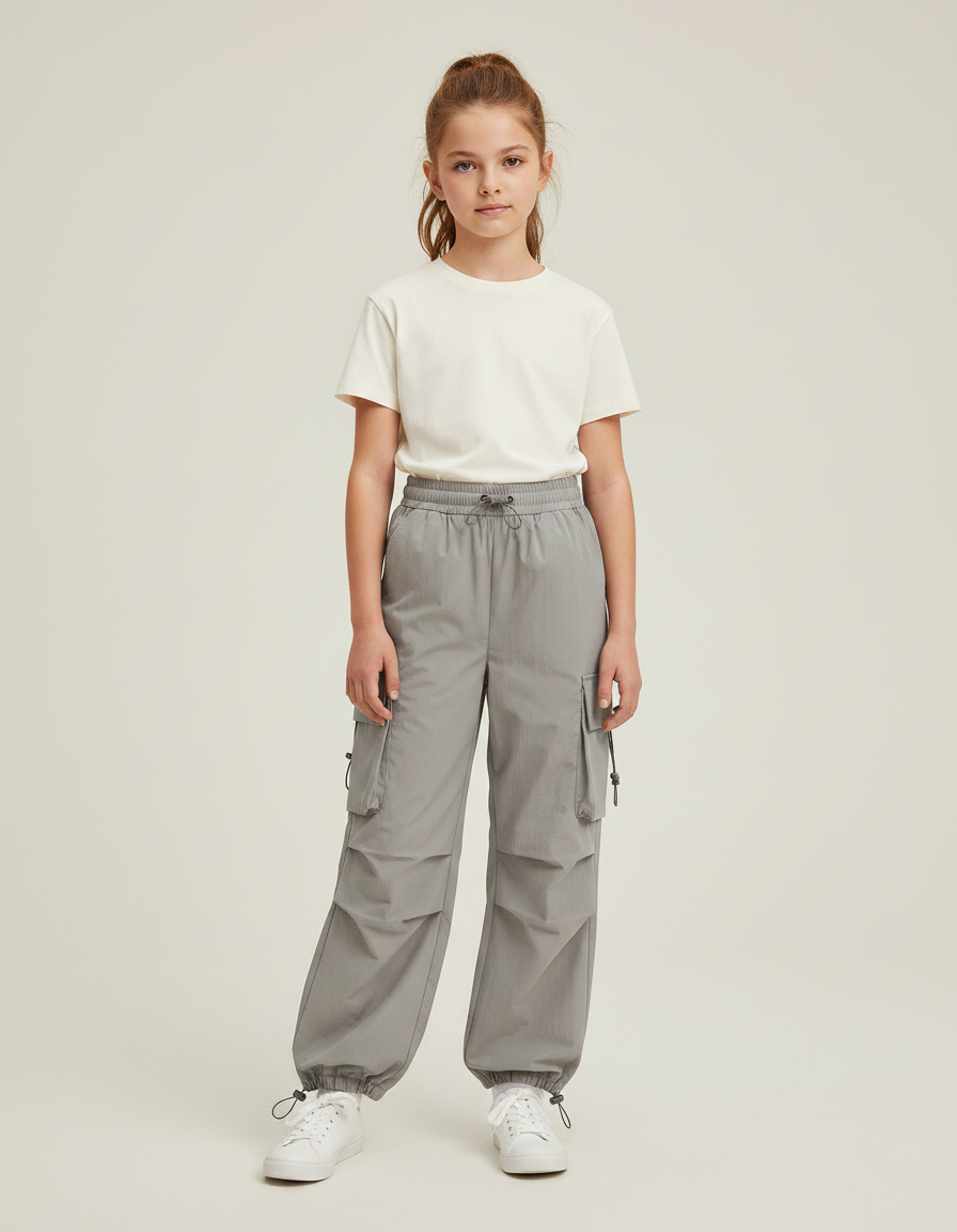 Pantalon Parachute Gris Cargo Ample Léger Femme - Polyester