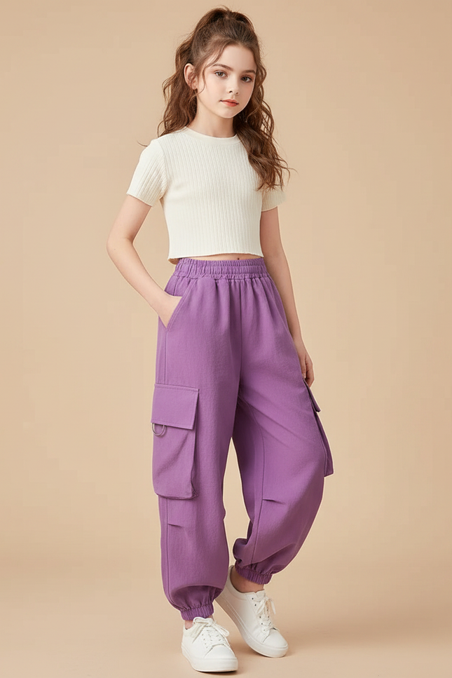 Pantalon Parachute Violet Cargo Ample Décontracté Enfant - Molleton