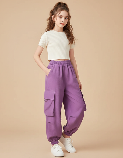 Pantalon Parachute Violet Cargo Ample Décontracté Enfant - Molleton