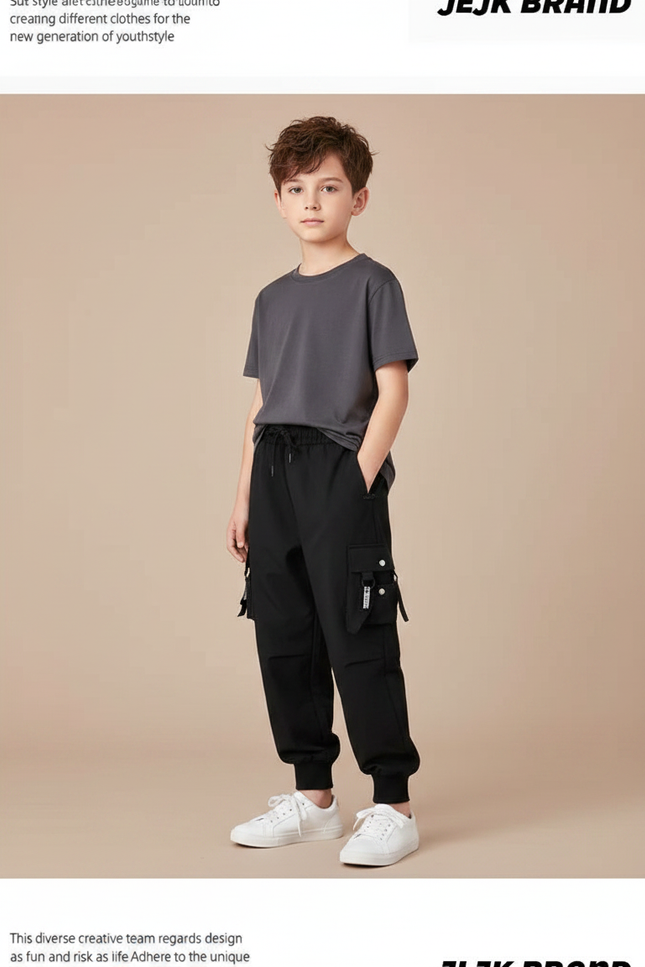 Pantalon Parachute Noir Cargo Ample Cordon Enfant - Polyester
