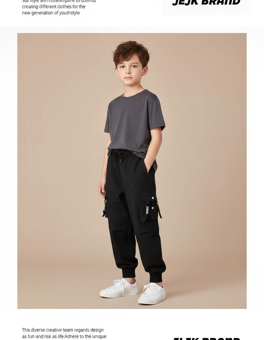Pantalon Parachute Noir Cargo Ample Cordon Enfant - Polyester