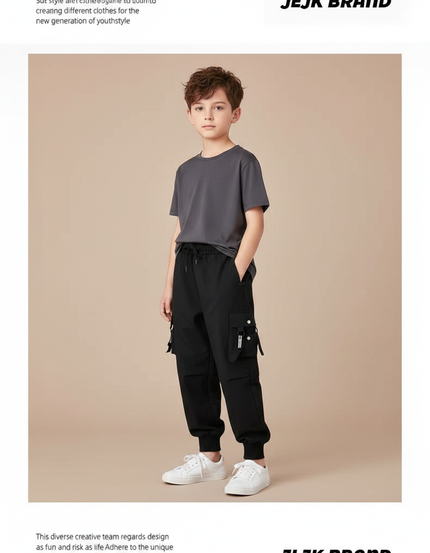 Pantalon Parachute Noir Cargo Ample Cordon Enfant - Polyester