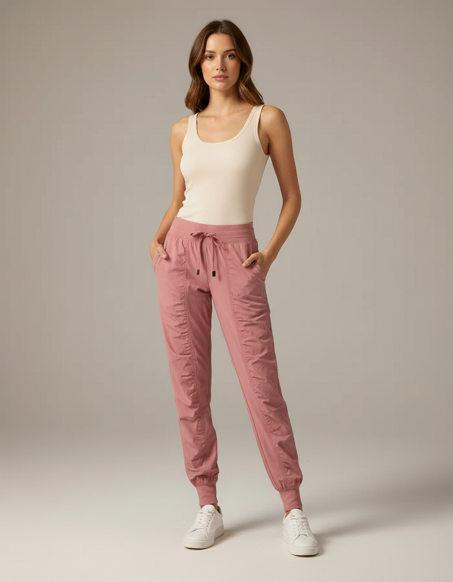 Pantalon Parachute Rose Froncé Cordon Cheville Élastiquée - Polyester