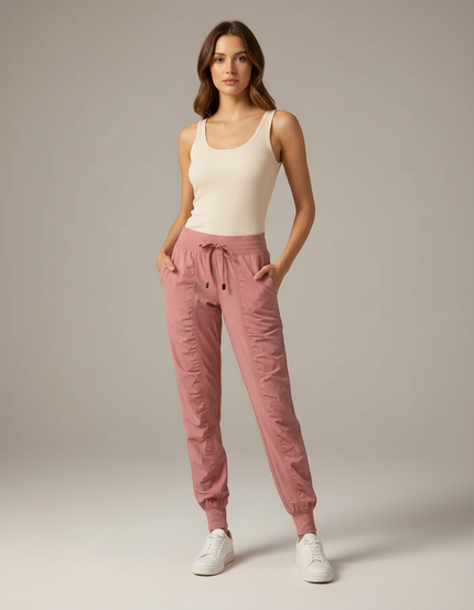 Pantalon Parachute Rose Froncé Cordon Cheville Élastiquée - Polyester