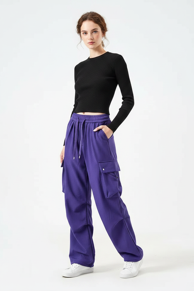 Pantalon Parachute Violet Cargo Ample Sport Femme - Molleton