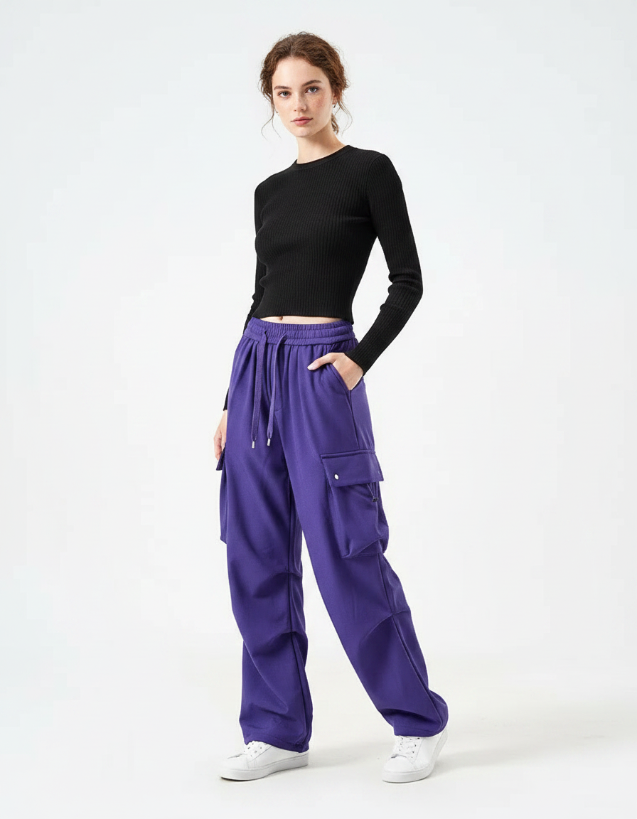 Pantalon Parachute Violet Cargo Ample Sport Femme - Molleton