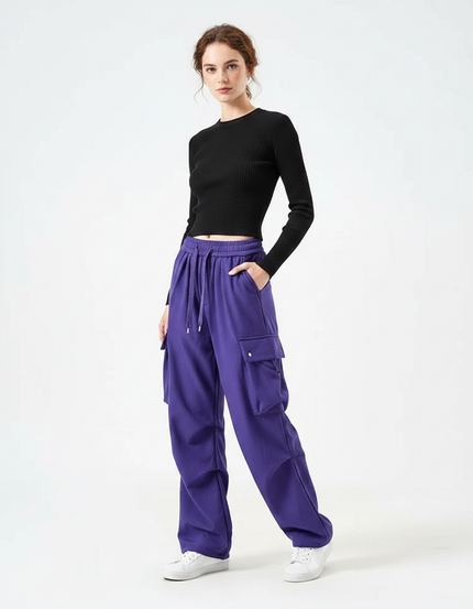 Pantalon Parachute Violet Cargo Ample Sport Femme - Molleton