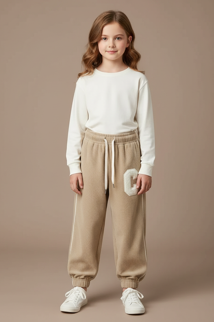 Pantalon Parachute Beige Côtelé Lettre C Ample - Cordé