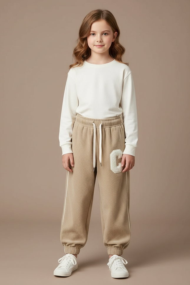 Pantalon Parachute Beige Côtelé Lettre C Ample - Cordé