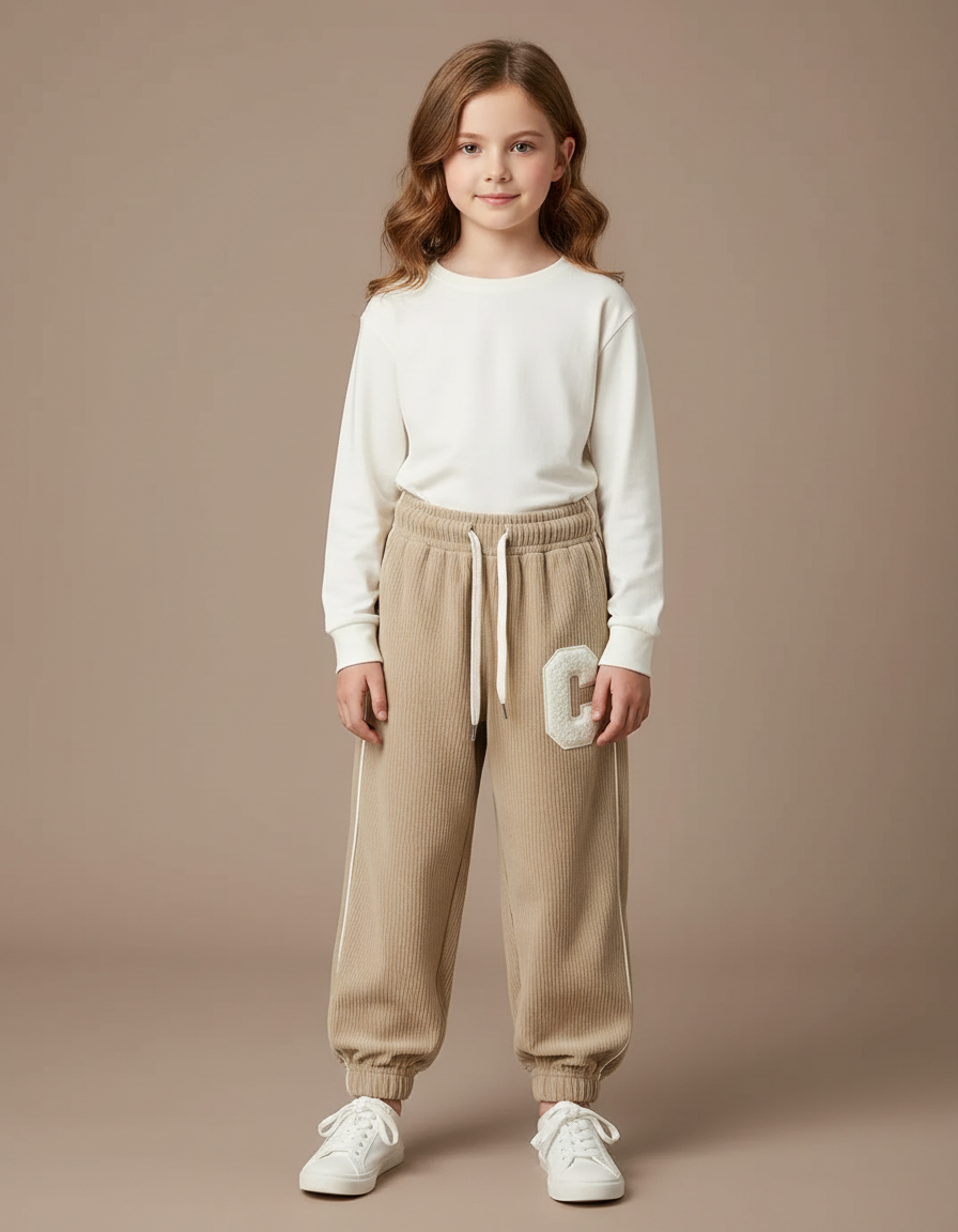 Pantalon Parachute Beige Côtelé Lettre C Ample - Cordé