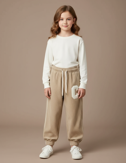 Pantalon Parachute Beige Côtelé Lettre C Ample - Cordé