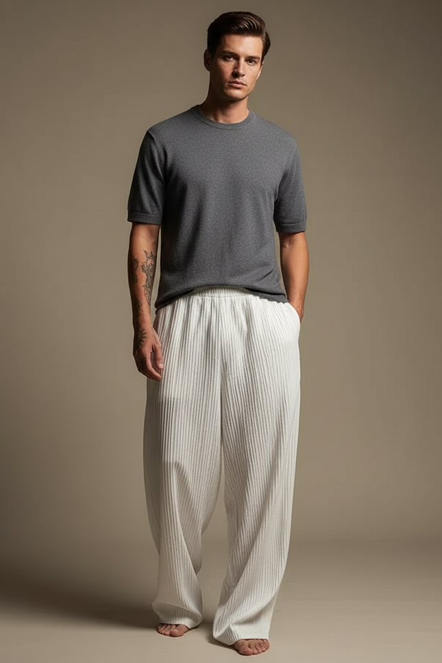 Pantalon Parachute Plissé Ample Blanc Décontracté Homme - Polyester