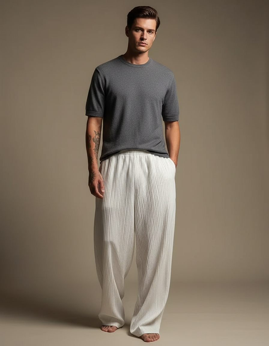 Pantalon Parachute Plissé Ample Blanc Décontracté Homme - Polyester
