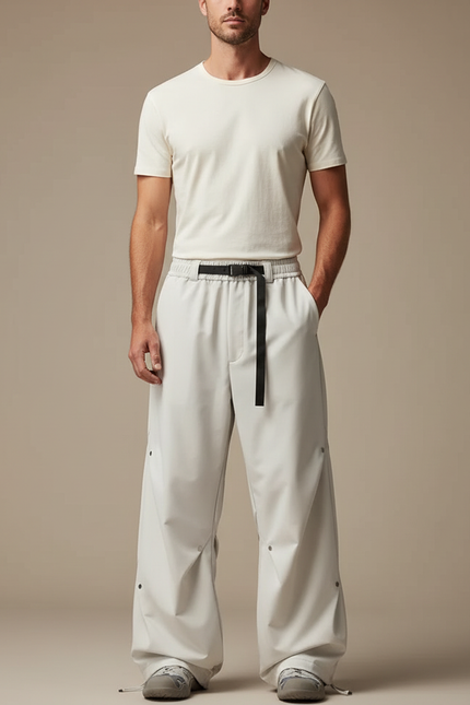 Pantalon Parachute Gris Clair Ample Décontracté Ceinture - Polyester