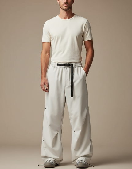 Pantalon Parachute Gris Clair Ample Décontracté Ceinture - Polyester