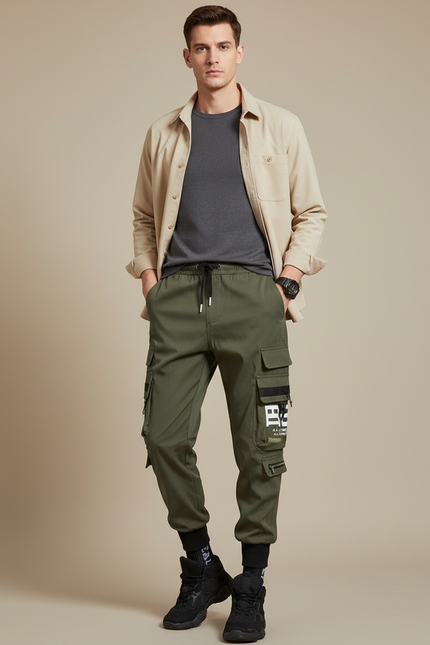 Pantalon Parachute Kaki Cargo Imprimé Cordon Jogger - Toile
