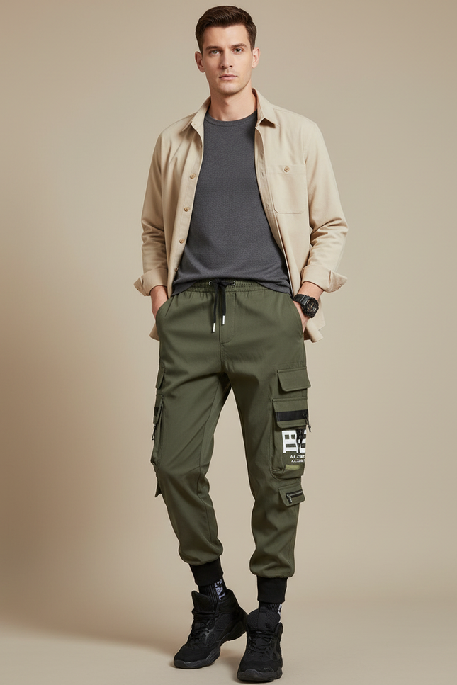 Pantalon Parachute Kaki Cargo Imprimé Cordon Jogger - Toile