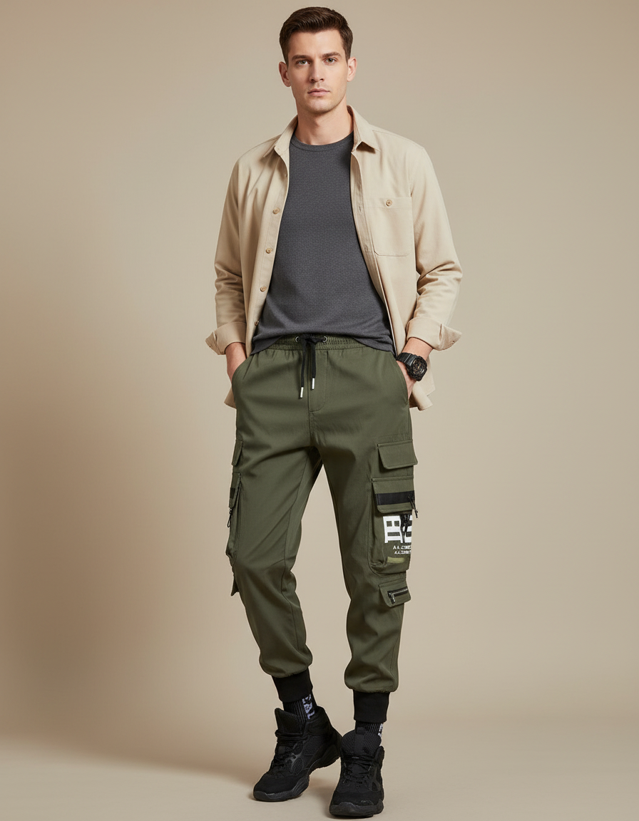 Pantalon Parachute Kaki Cargo Imprimé Cordon Jogger - Toile