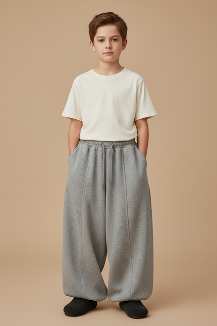 Pantalon Parachute Gris Ample Coton Molletonné Enfant