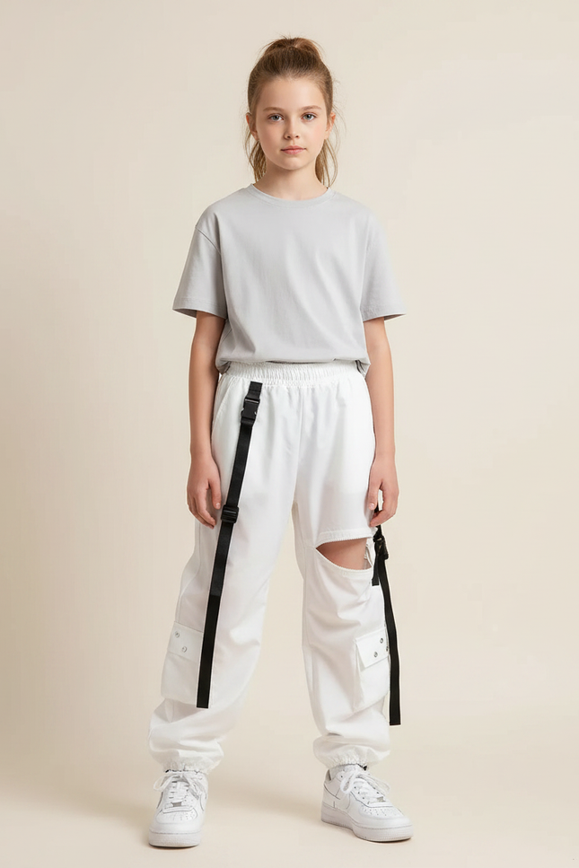 Pantalon Parachute Blanc Cargo Déchiré Streetwear - Polyester