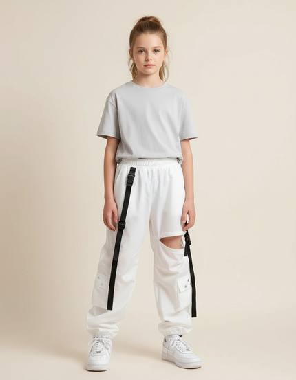 Pantalon Parachute Blanc Cargo Déchiré Streetwear - Polyester