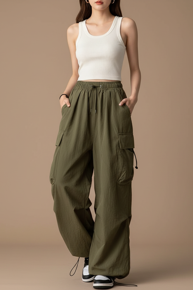 Pantalon Parachute Vert Ample Cargo Femme Fluide - Kaki Polyester
