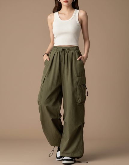 Pantalon Parachute Vert Ample Cargo Femme Fluide - Kaki Polyester