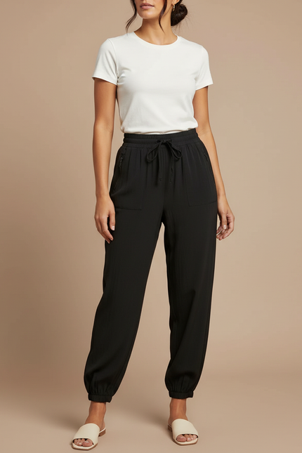 Pantalon Parachute Noir Fluide Cordon Chevilles Élastiquées Femme - Polyester