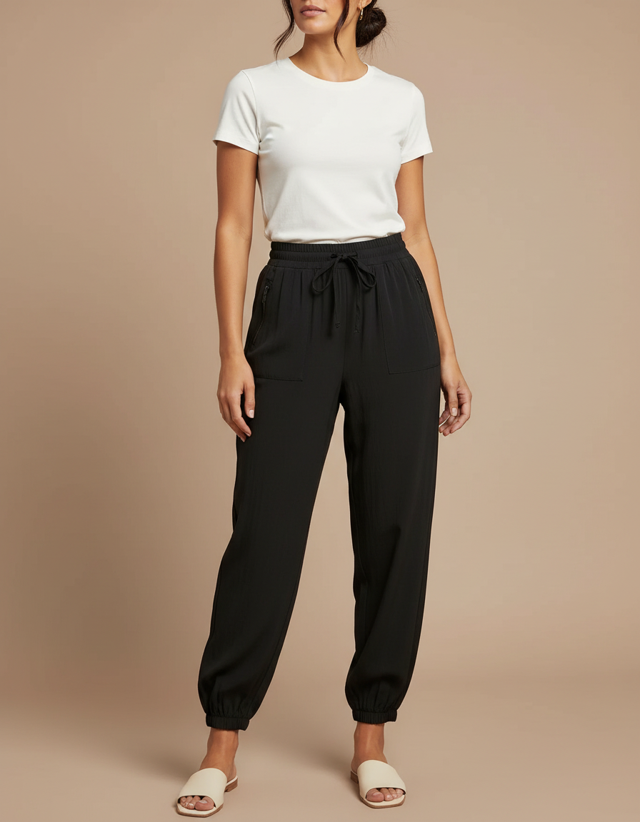 Pantalon Parachute Noir Fluide Cordon Chevilles Élastiquées Femme - Polyester