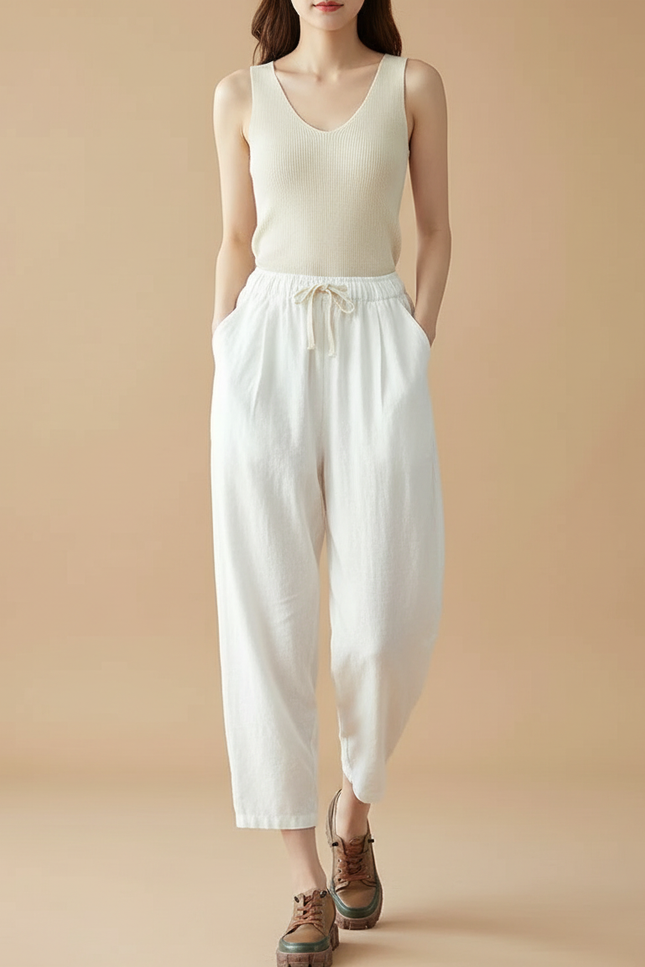 Pantalon Parachute Blanc Lin Ample Cordon Décontracté