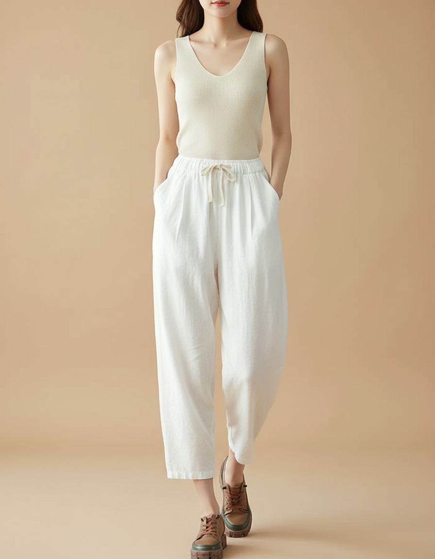 Pantalon Parachute Blanc Lin Ample Cordon Décontracté