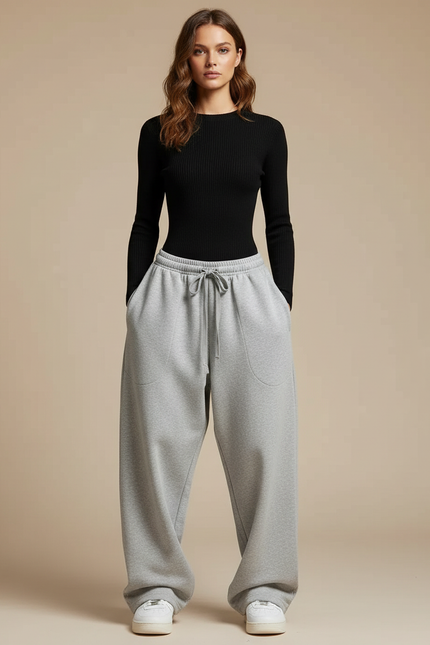 Pantalon Parachute Gris Ample Décontracté Molletonné Femme