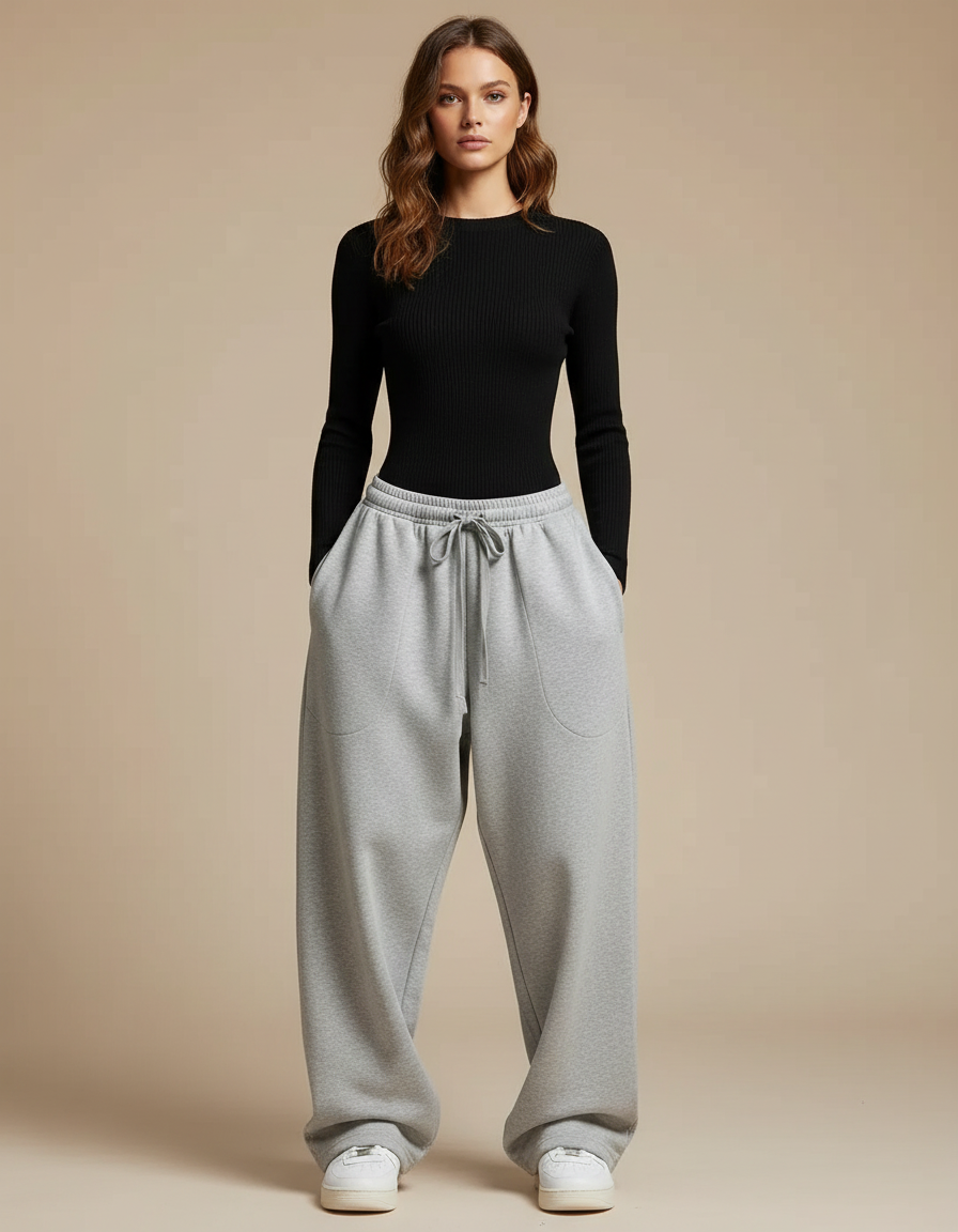 Pantalon Parachute Gris Ample Décontracté Molletonné Femme