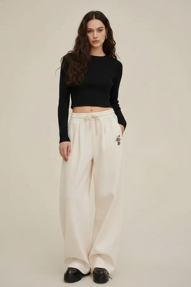 Pantalon Parachute Crème Ample Brodé Décontracté Femme - Beige Molleton