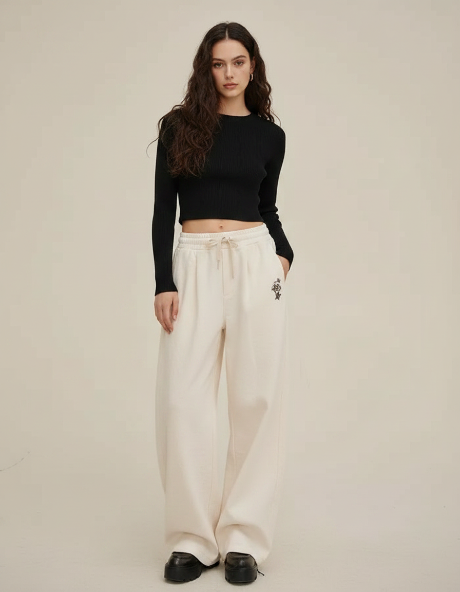 Pantalon Parachute Crème Ample Brodé Décontracté Femme - Beige Molleton