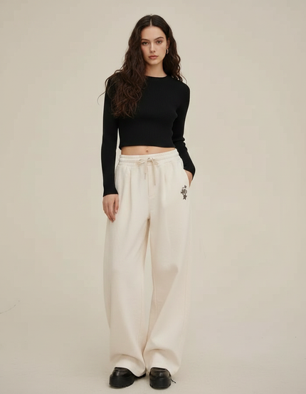 Pantalon Parachute Crème Ample Brodé Décontracté Femme - Beige Molleton