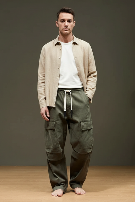 Pantalon Parachute Vert Ample Coton Cargo Homme - Kaki