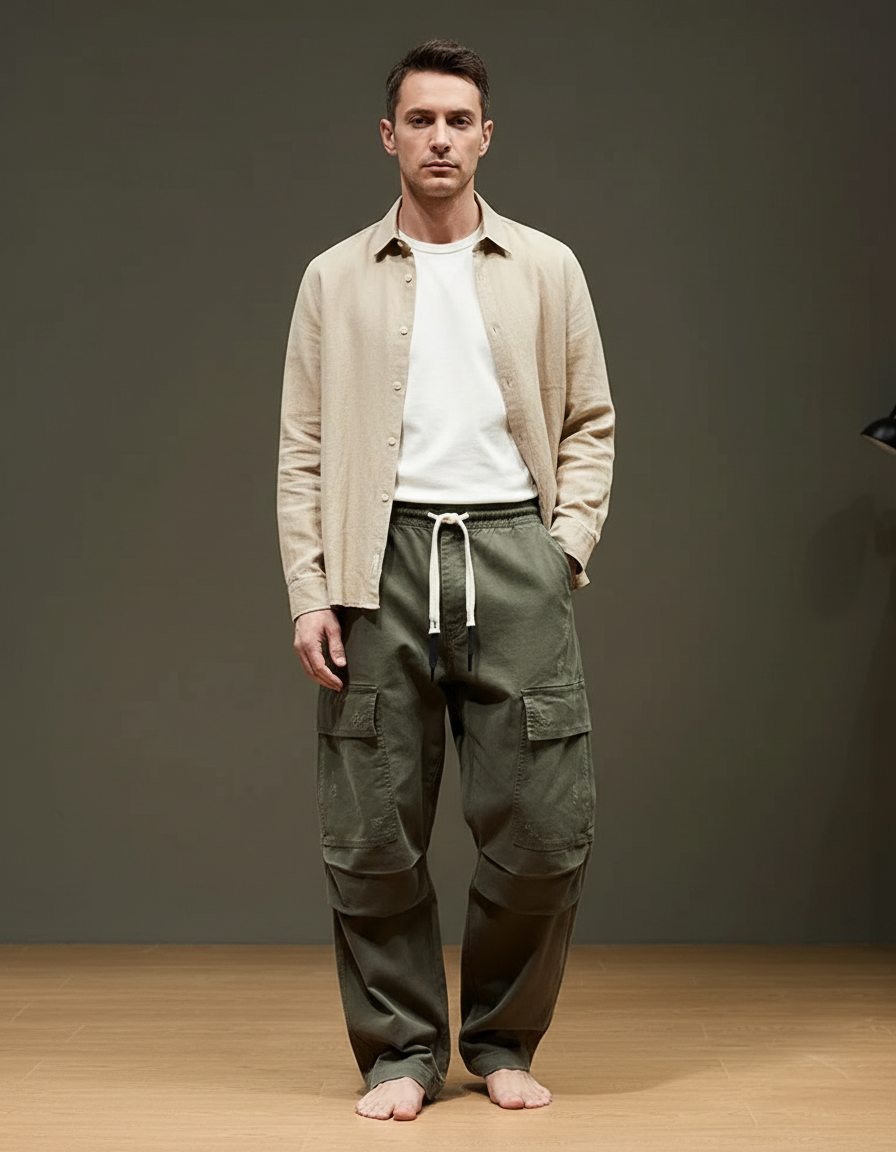 Pantalon Parachute Vert Ample Coton Cargo Homme - Kaki